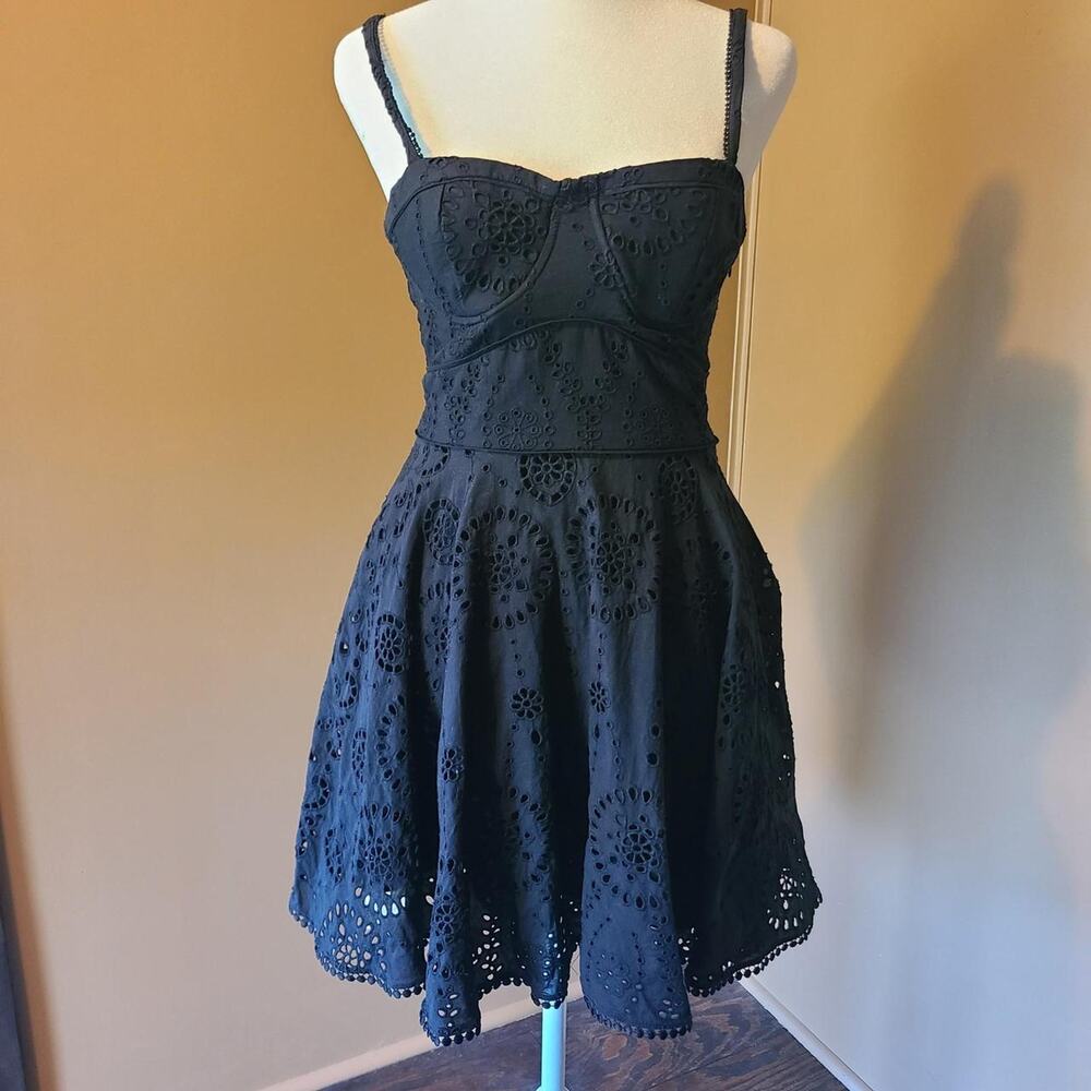ZARA Black Eyelet Lace Corset Mini Dress Bustier Smocked Back Sundress XS